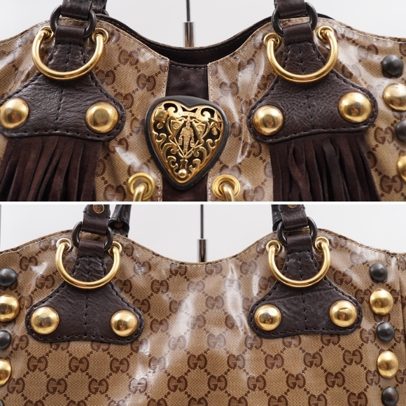 CE16 💖 GUCCI GG Crystal Canvas Babouska Heart Stud Fringe Tote Bag - Picture 10 of 13